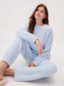 LUVLETTE 秋冬季毛绒圆领套头衫和裤子家居服睡衣套装内衣外套秋季睡衣服装 - 藍色 - 查看 7