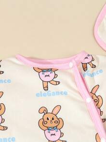 SHEIN 2pcs Baby Girls Cute Rabbit Print Long Sleeve Jumpsuit With Bib, Home Outfit Set - Pink - View 2