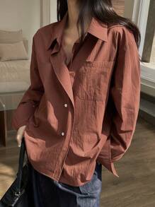 DAZY 女士休闲纯色长袖单排扣宽松衬衫，秋季女装