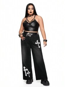 ROMWE Grunge Punk Plus Size Punk Cross Print Rhinestone Vintage Wash Loose Fit Jeans
