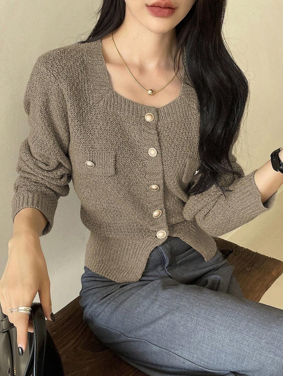 DAZY Áo khoác cardigan hở gấu đơn hàng khuy trơn màu cho nữ, thu đông, đêm giao thừa, áo dài tay, quần áo nữ mùa thu - Xám - Xem 1