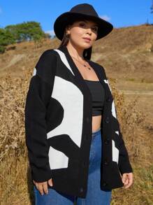 RueChic Plus Size Casual Colorblock Asymmetrical Pattern Cardigan, Autumn/Winter