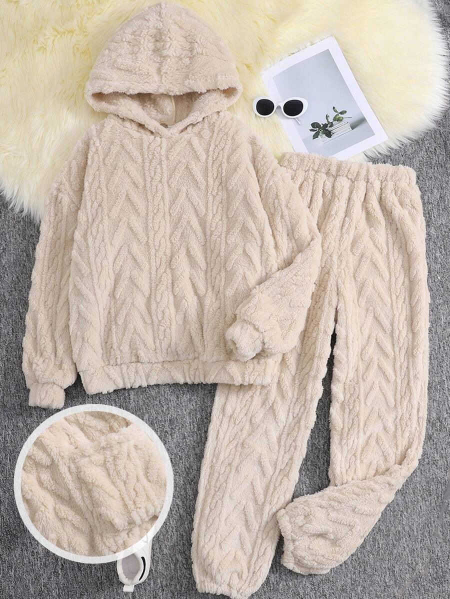 SHEIN 2 件套青少年女孩杏色连帽衫针织纹理提花毛绒宽松长袖长款运动服和家居服保暖冬季服装 - 杏色 - 查看 1