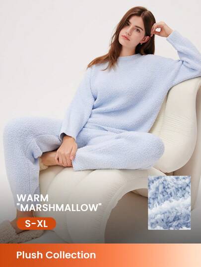 LUVLETTE Conjunto de pijama de forro polar rizado de cuello redondo y pantalones para otoño e invierno, lencería como ropa exterior, pijamas de otoño