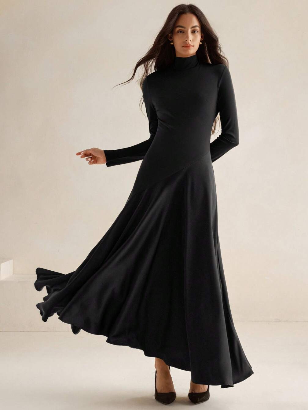 Anewsta City Elegant Knit Patchwork High Neck Long Sleeve Spaghetti Strap A-Line Dress｜Motf