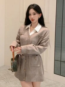 DAZY 1 Áo khoác cardigan dáng rộng cổ chữ V bằng vải voan họa tiết hoa dài tay, thắt eo, thời trang thu đông cho nữ - Màu Khaki - Xem 3