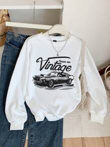 Muchica Suéter de Moletom Branco de Ajuste Folgado e Grosso com Estampa Vintage Minimalista de Carro Casual, Adequado para Outono/Inverno, para Mulheres - Branco - Visão 1