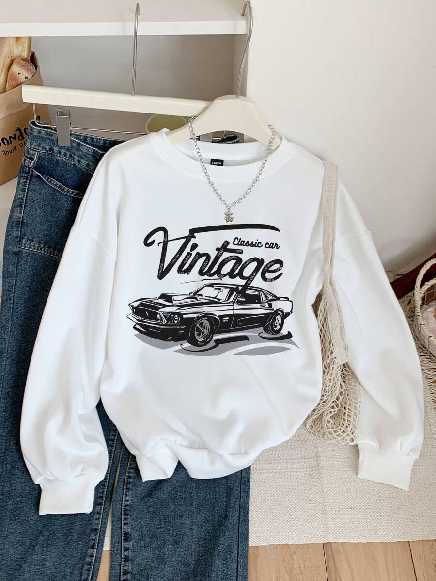 Muchica Suéter de Moletom Branco de Ajuste Folgado e Grosso com Estampa Vintage Minimalista de Carro Casual, Adequado para Outono/Inverno, para Mulheres - Branco - Visão 1