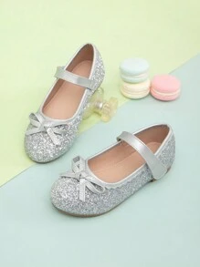 1 双百搭女童平底鞋，带闪光蝴蝶结装饰，适合所有季节 - 銀色 - 查看 1
