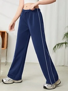 SHEIN Teen Girl's Contrast Trim Drawstring Waist Wide Leg Cargo Pants, Casual Sports Wear