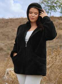EURMUSE Plus Casual Solid Black Teddy Fur Zipper Hoodie Jacket - Black - View 6