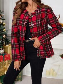 SHEIN Clasi Women's Red Plaid Tweed Jacket For Christmas Christmas Women Clothes
