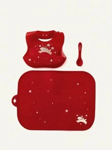 Cozy Pixies 3pcs/Set Christmas Reindeer & Snowflake Baby Silicone Bib, Placemat, Spoon, Waterproof & Stain-Resistant, For Infant Feeding, For Gift - Red - View 5