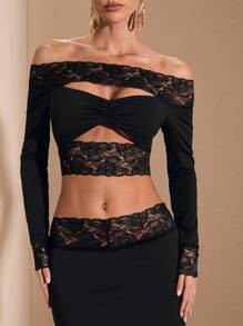 SHEIN BAE Bộ 2 món áo hở vai viền ren thanh lịch cho nữ và chân váy, thích hợp cho buổi hẹn hò thường ngày, đi chơi đêm, trang phục dự tiệc câu lạc bộ, tay dài, mùa thu - màu đen - Xem 5
