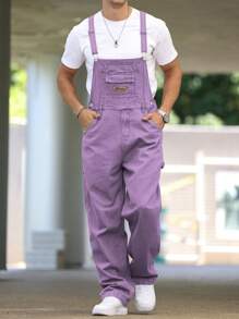 Manfinity Hypemode Men's Casual Diagonal Pocket Denim Bib Overalls, Suitable For Summer, Spring And Autumn