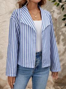 EMERY ROSE Women's Casual Contrast Striped Roll-Up Sleeve Jacket, Autumn - Multicolor - View 4