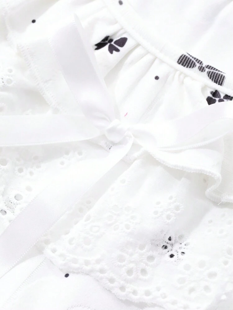 Textured Knit Fabric Butterfly Print Trim Collar Nightgown Pajama