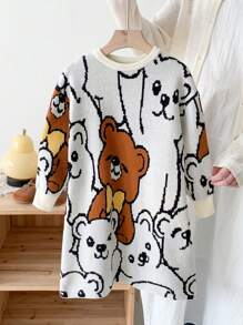 LMoss Kids Vestido de suéter jacquard com estampa fofa para meninas e jovens, adequado para uso casual diário com certo calor, combinando mãe e filha, combinando irmã e eu, roupas, estilo esportivo, ótimo para uso casual e diário e diário escolar no outono e inverno