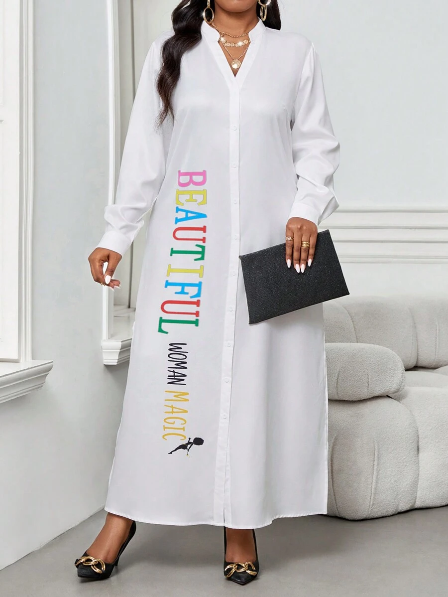 SHEIN Lady 大码女装优雅秋冬优雅白色长袖大码连衣裙白色女式连衣裙连衣裙白色长袖上衣长袍纽扣女式衬衫大码女式衬衫长款秋季连衣裙 - 白色 - 查看 1