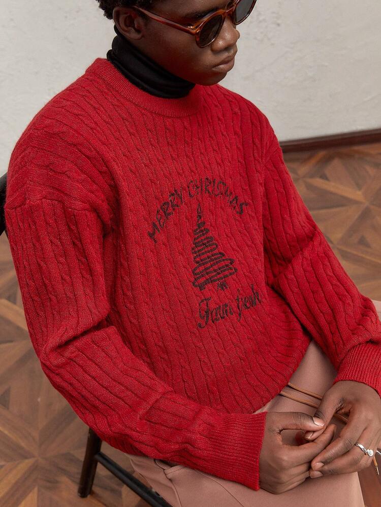 クリスマスツリー&ブレッシングプリント ルーズフィット ニットクルーネックセーター メンズ、ラグラン 長袖 リラックススタイル、秋冬、クリスマス&ニューイヤーに最適、レッドテクスチャードニット