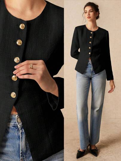 Elaquor 秋冬大码纯色圆领前扣后系带休闲长袖夹克