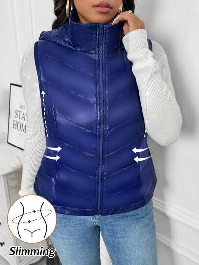 SHEIN LUNE Plus Size Solid Color Stand Collar Hooded Down& Feathers Vest, Casual For Autumn & Winter, Winter Women Outfits, Blue Vest, Slimming Pattern