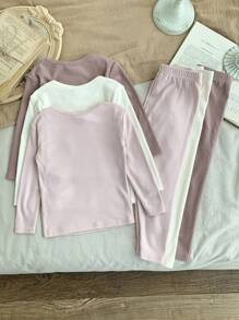 SHEIN LMoss Kids Set da 6 pezzi per ragazze giovani, composto da top a maniche lunghe e collo rotondo aderente e leggings con ricamo a lettere, morbido e caldo per l autunno/inverno, ideale per uso quotidiano e pigiama