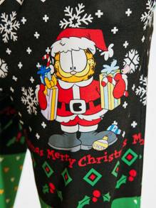 GARFIELD | SHEIN 男士卡通圣诞印花撞色领 T 恤和裤子家居服套装，可作为礼物 - 綠色 - 查看 5