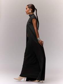 MUSERA High Neck Longline Split Front Top Going Out Festival Rave Ibiza Autumn Fall Going Out Tops  Winter Casual Dress - Black - View 4