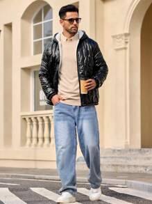 Manfinity VCAY 1pc Men's Woven Slim Fit Raglan Hood Zip Front Padded Coat - Black - View 3