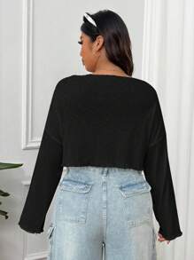 SHEIN EZwear 大码女式休闲纯色落肩宽松生菜边短款 T 恤 - 黑色 - 查看 2