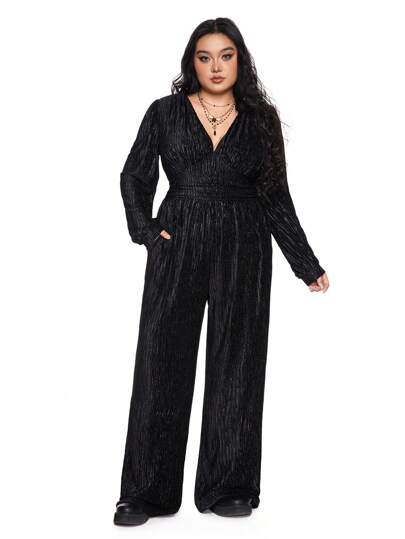 Plus Size Ornate Textured Pleat V-Neck Jumpsuit