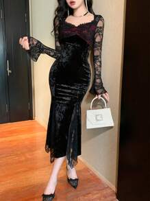 DAZY Đầm midi dài tay dáng đuôi cá phối ren cho nữ, thích hợp dự tiệc, trang phục mùa thu, ngày Valentine. - màu đen - Xem 6