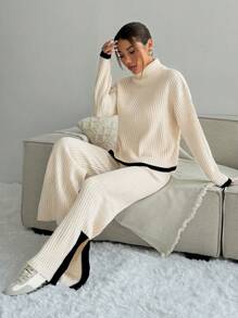 SHEIN Unity 2pcs Elegant Knitted Set: Contrast Color Trim Turtleneck Sweater And Pants - Multicolor - View 4