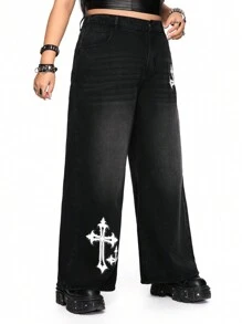 ROMWE Grunge Punk Plus Size Punk Cross Print Rhinestone Vintage Wash Loose Fit Jeans