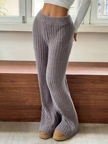 SHEIN EZwear High-Rise Flared Khaki Knit Trousers - Light Grey - View 4