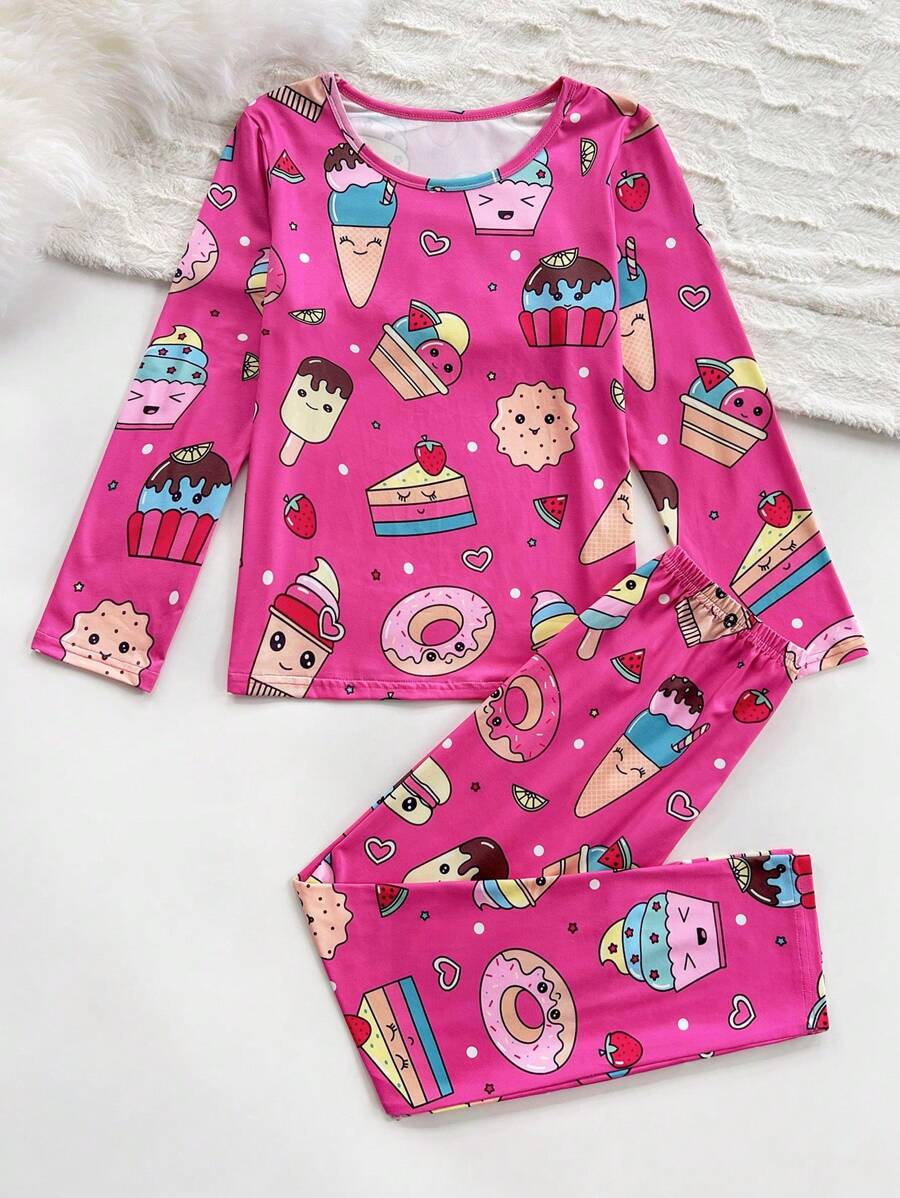Cute Donut & Ice Cream Print Sweet Style Pajamas For Girls, Kids