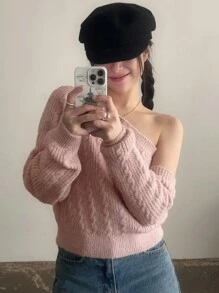 DAZY 1件女款大尺寸斜肩寬鬆羅紋針織毛衣，秋季校園穿搭服飾 - 粉色 - 查看 1