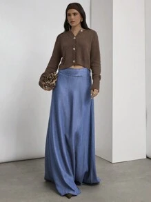 COSMINA Denim 女士纯色口袋设计长款休闲牛仔半身裙 - 中等水洗藍 - 查看 5