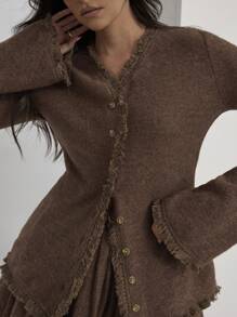 COSMINA 2pcs Women Casual Solid Frayed Flare Sleeve Top & Pleated Hem Skirt Set, Autumn - Brown - View 4