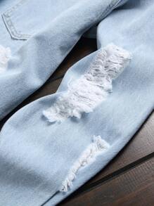 Manfinity Homme 男士长袖破洞毛边双口袋牛仔衬衫上衣（不含T恤），秋季款