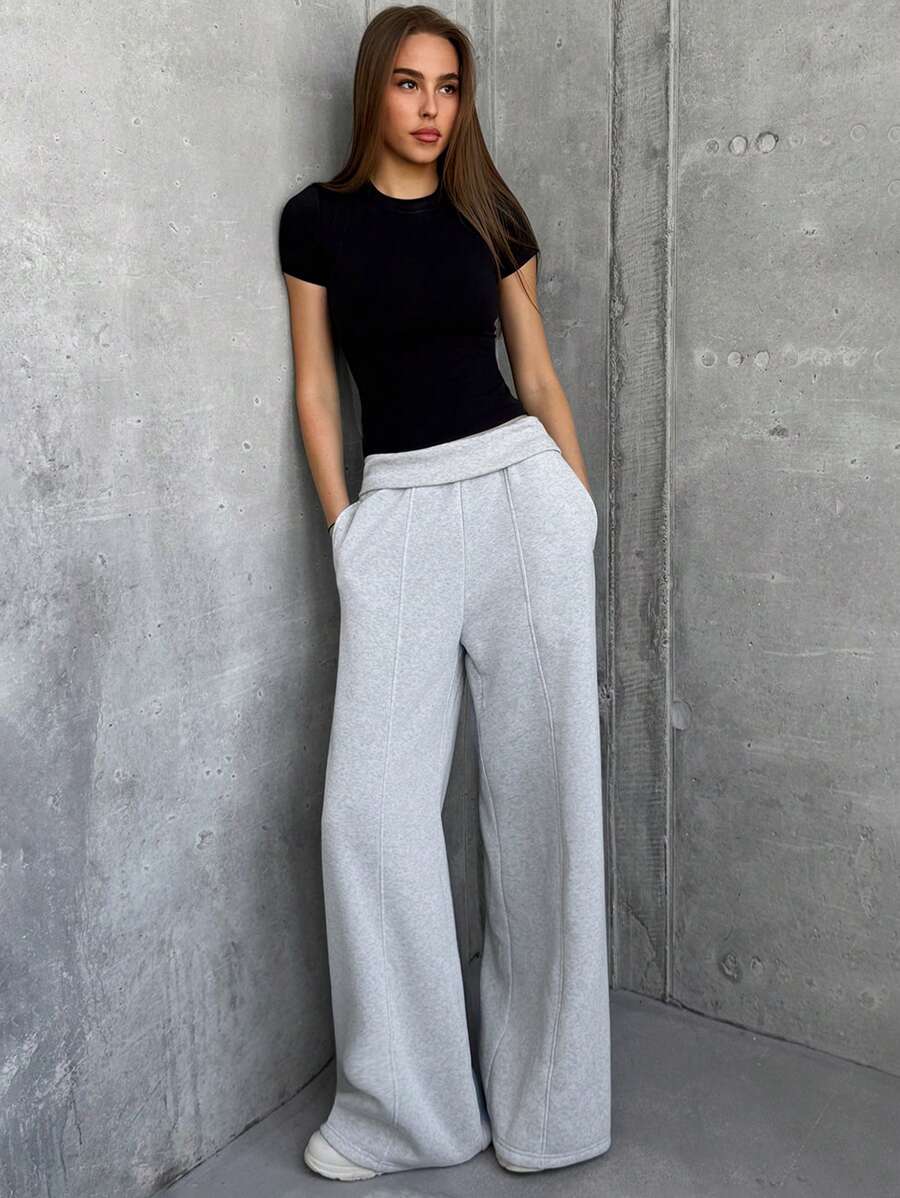 Aloruh Women Solid Color Elastic Waist Pocket Casual Loose Sweatpants - Grey - View 1