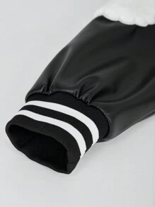 SHEIN Tween Girls Letter & Striped Print Button-Up Long Sleeve Jacket - Black - View 4