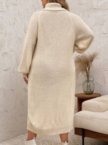 EMERY ROSE Plus Size Women Apricot White Casual Button Raglan Sleeve Loose Long Knitted Maxi Sweater Dress, For Winter