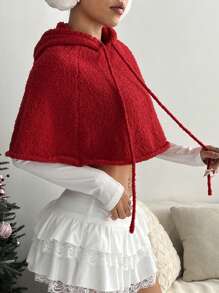 Lunelith SHEIN Lunessa Christmas Casual Solid Color Hooded Cropped Poncho Sweater