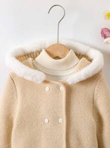 少女双排扣毛领连帽开衫，适合秋冬季 - 卡其色 - 查看 3