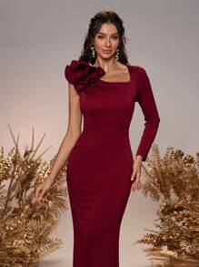 SHEIN Belle Women's Elegant Romantic Red Square Neck Shoulder Ruffle Asymmetric Long Sleeve Bodycon Mermaid Hem Wedding Bridesmaid Dresses - Burgundy - View 2
