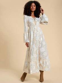 Travachic Vestido Flare de Manga Longa com Folha Metálica Trançada para Mulheres, Ideal para Férias - Branco - Visão 6