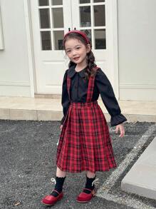 SHEIN 2 Stücke Set für Kleine Mädchen bestehend aus Langarm Hemd in Unifarbe und karriertem Trägerkleid, für den Herbst - Verschiedenfarbig - Übersicht 6