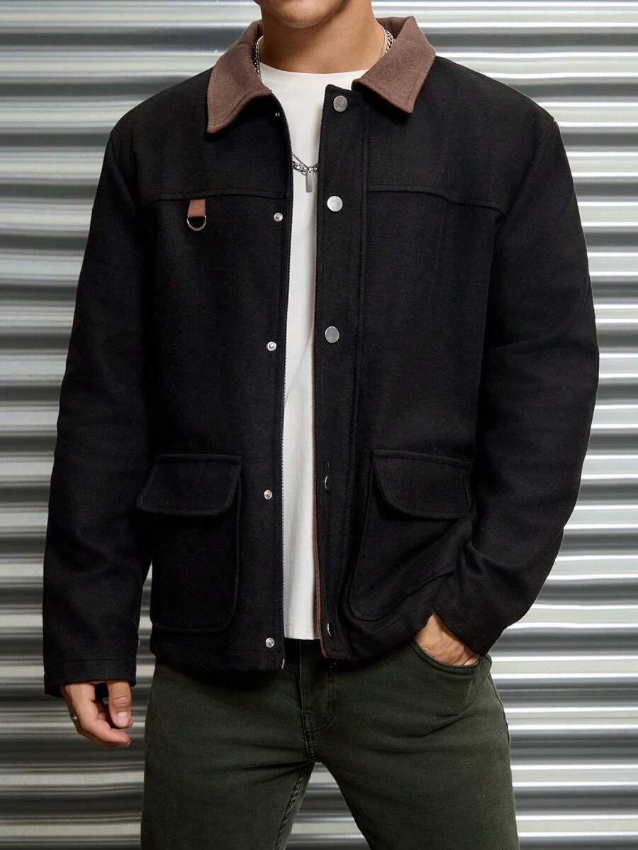 RueChic 100% Cotton Men Zip-Up And Button Detailed With Pockets Regular Jacket - Dark Grey - View 1